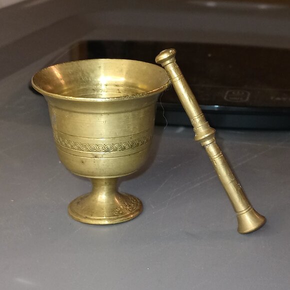 Unbranded Other - Vintage Brass Small Mortar with Decorative Trim & Pestle